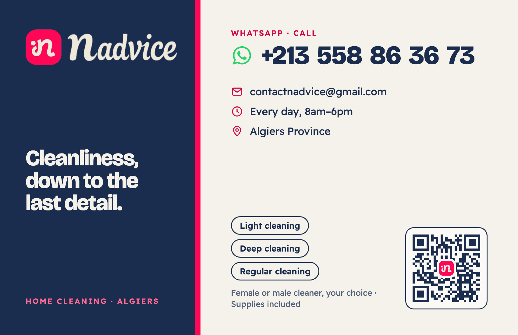 NADVICE business card: WhatsApp and phone +213 558 86 36 73, contactnadvice@gmail.com, 7 days a week, 8am–6pm