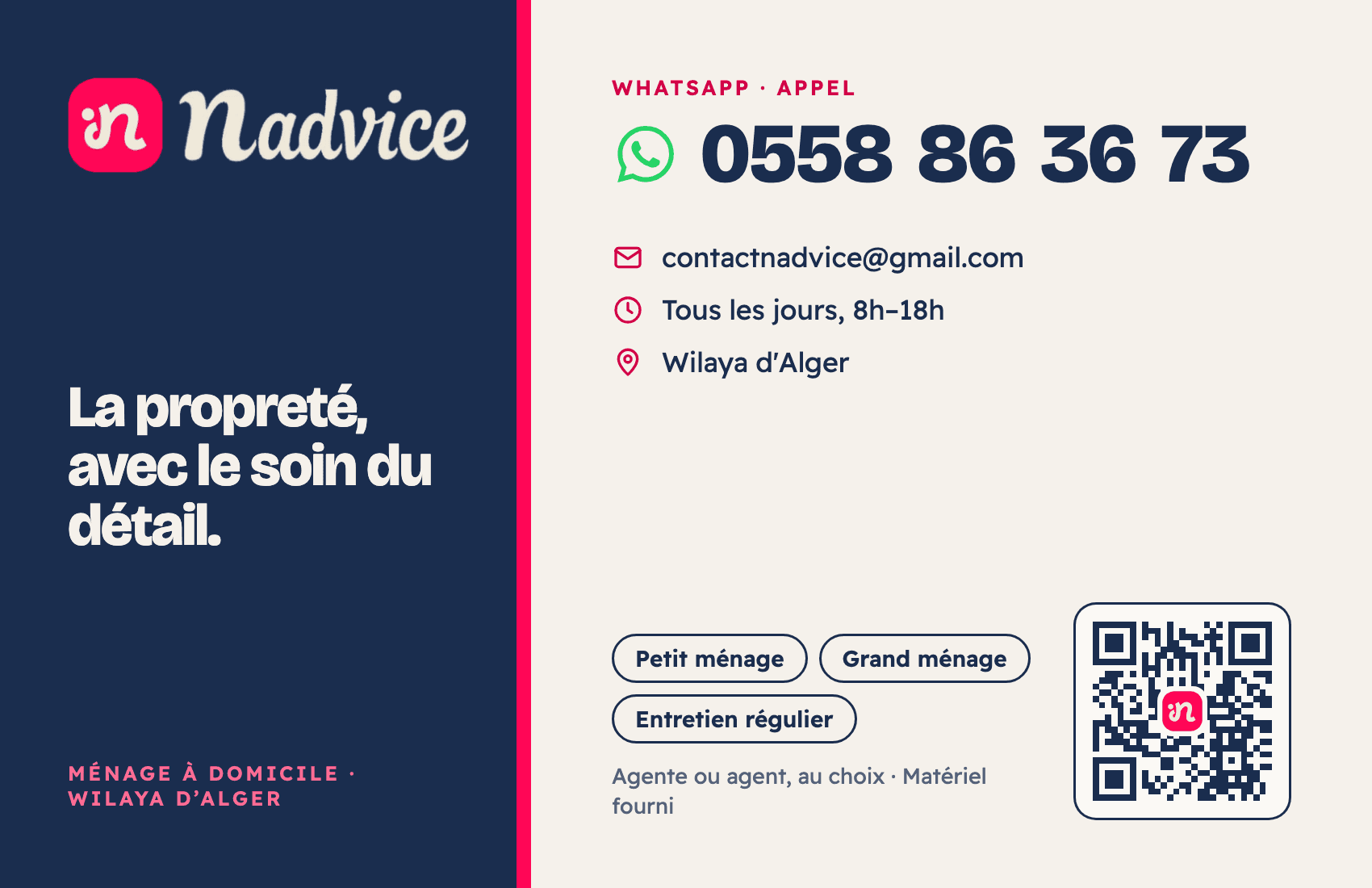 Carte de visite NADVICE : WhatsApp et téléphone 0558 86 36 73, contactnadvice@gmail.com, 7j/7 de 8h à 18h