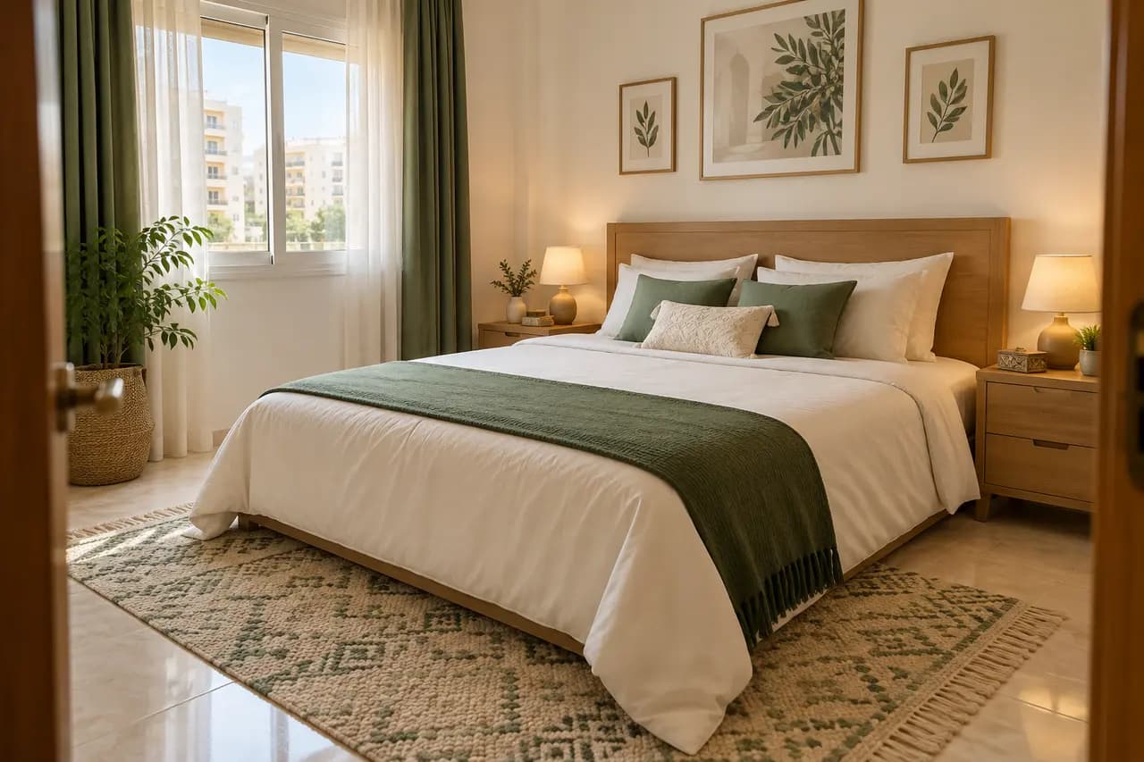 La même chambre après le ménage : lit fait, sol dégagé