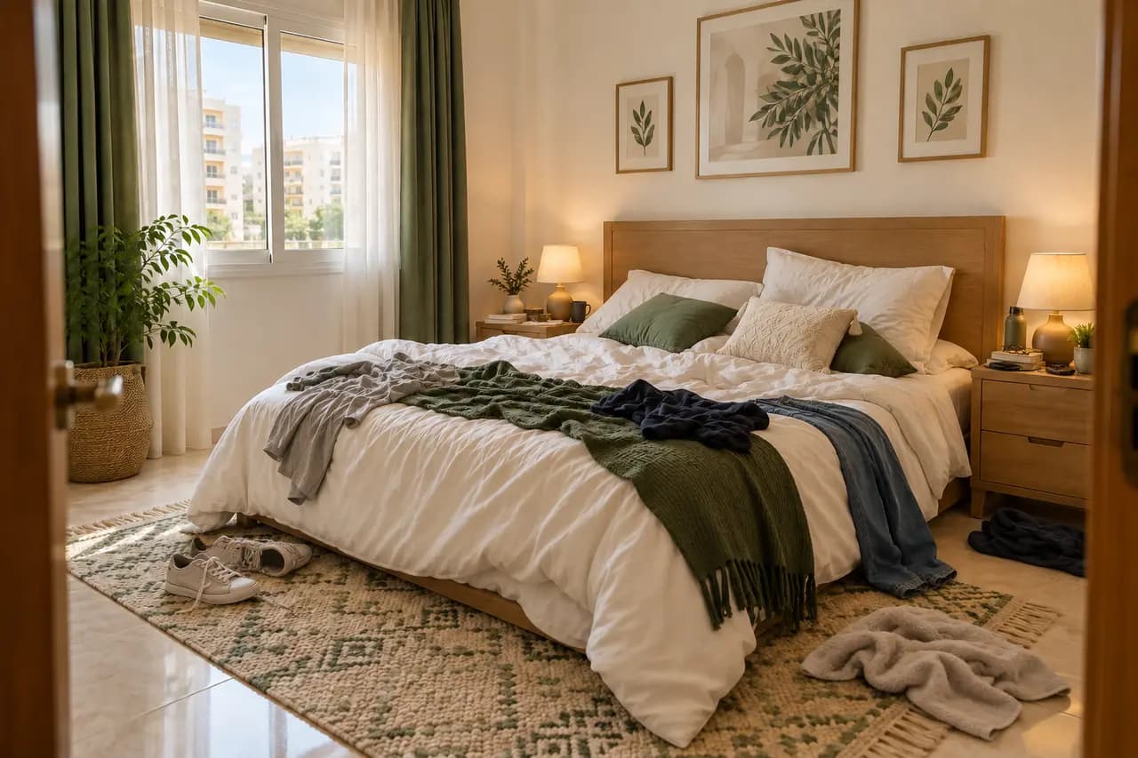 Chambre avant le ménage : lit défait, vêtements sur le lit et au sol